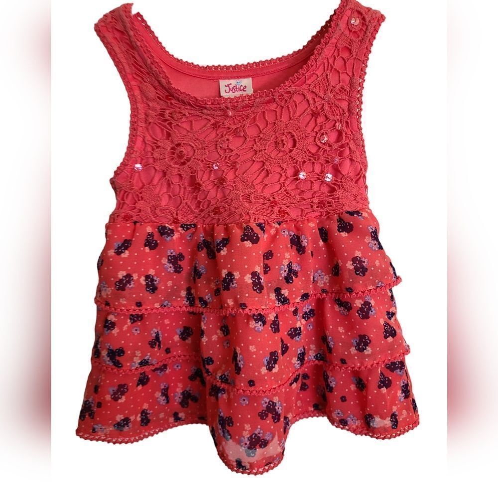 Justice Top Tiered‎ Sleeveless Blouse Sequins Lace Ruffle Floral Print Sz…